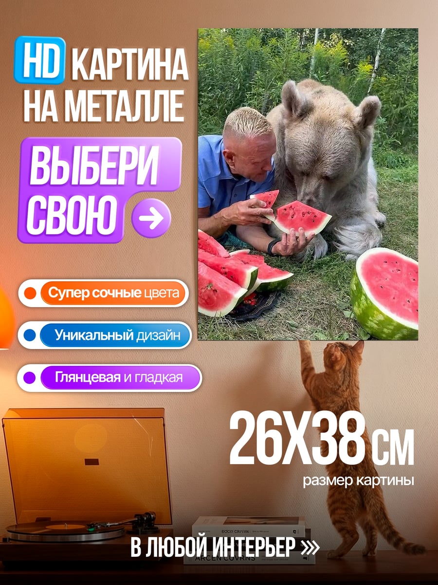 Картина на металле Медведь и арбуз