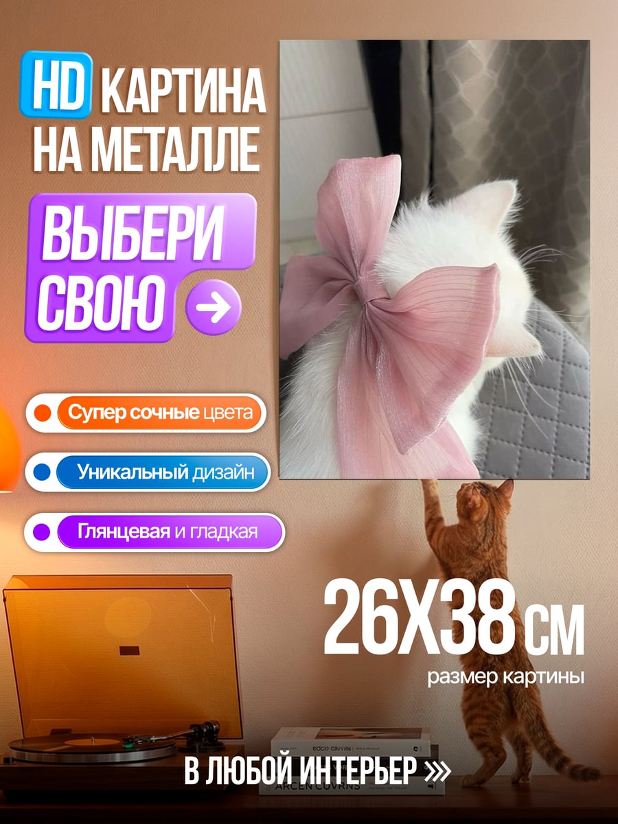 Картина на металле Белый кот бант
