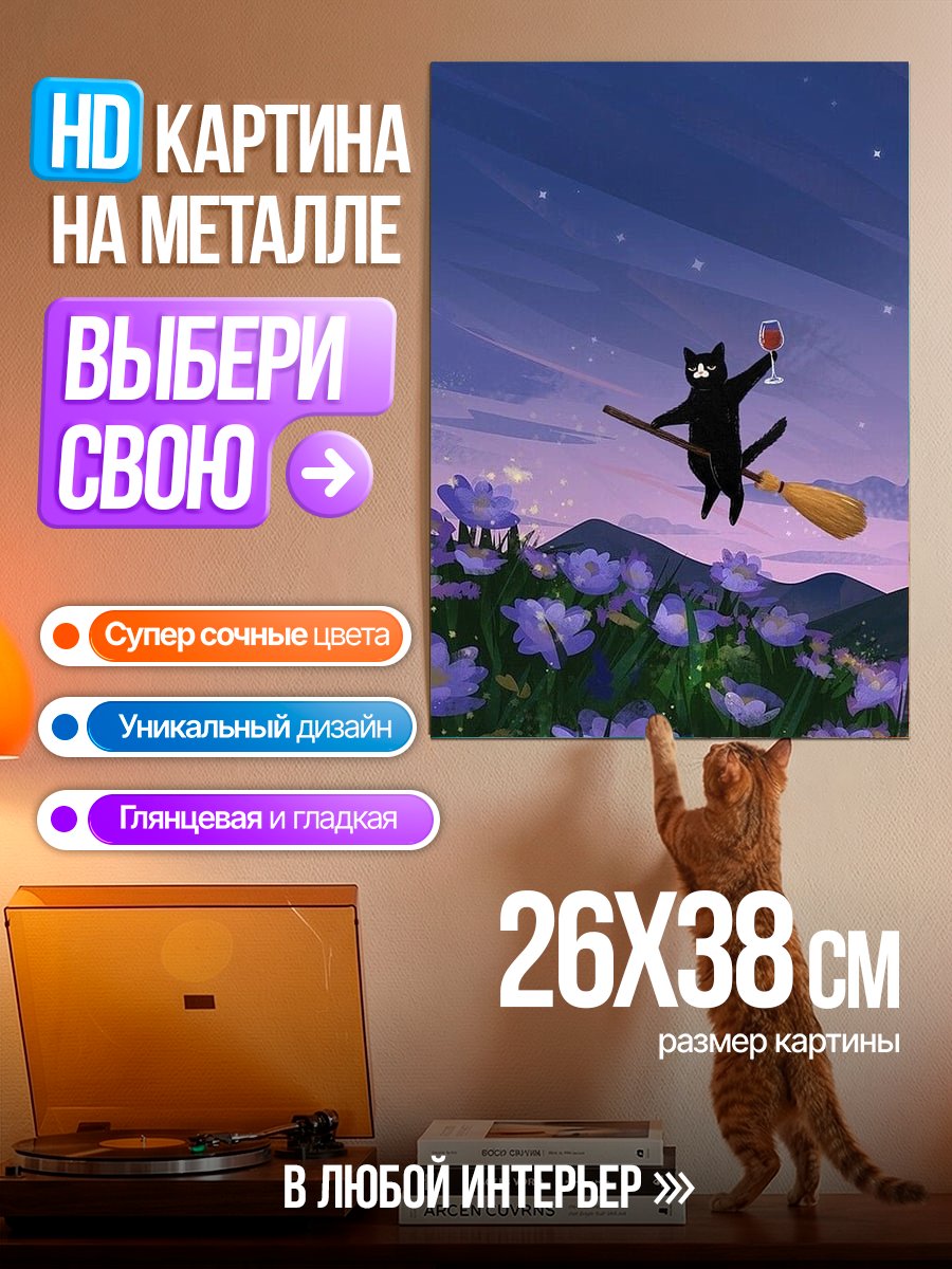 Картина на металле Черный кот ведьма