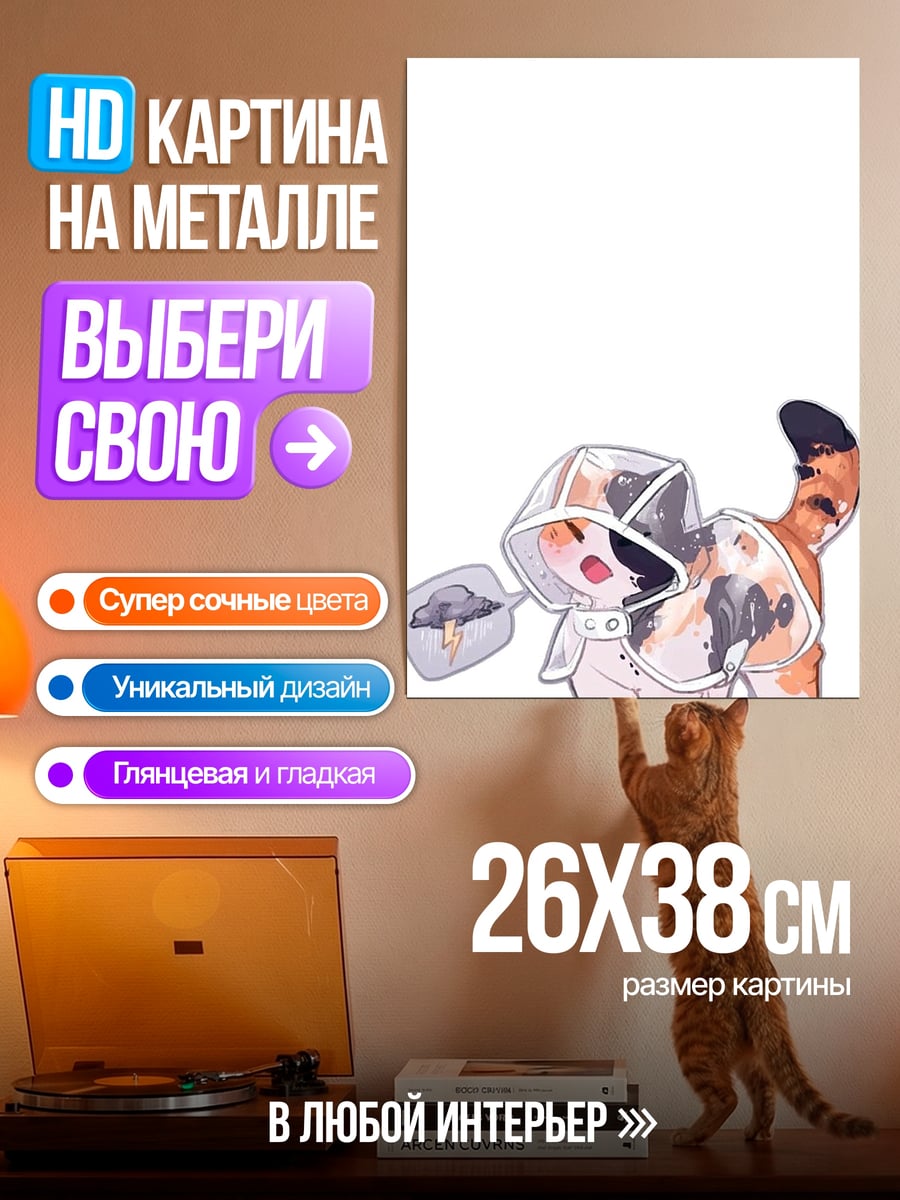 Картина на металле Кот в дождевике