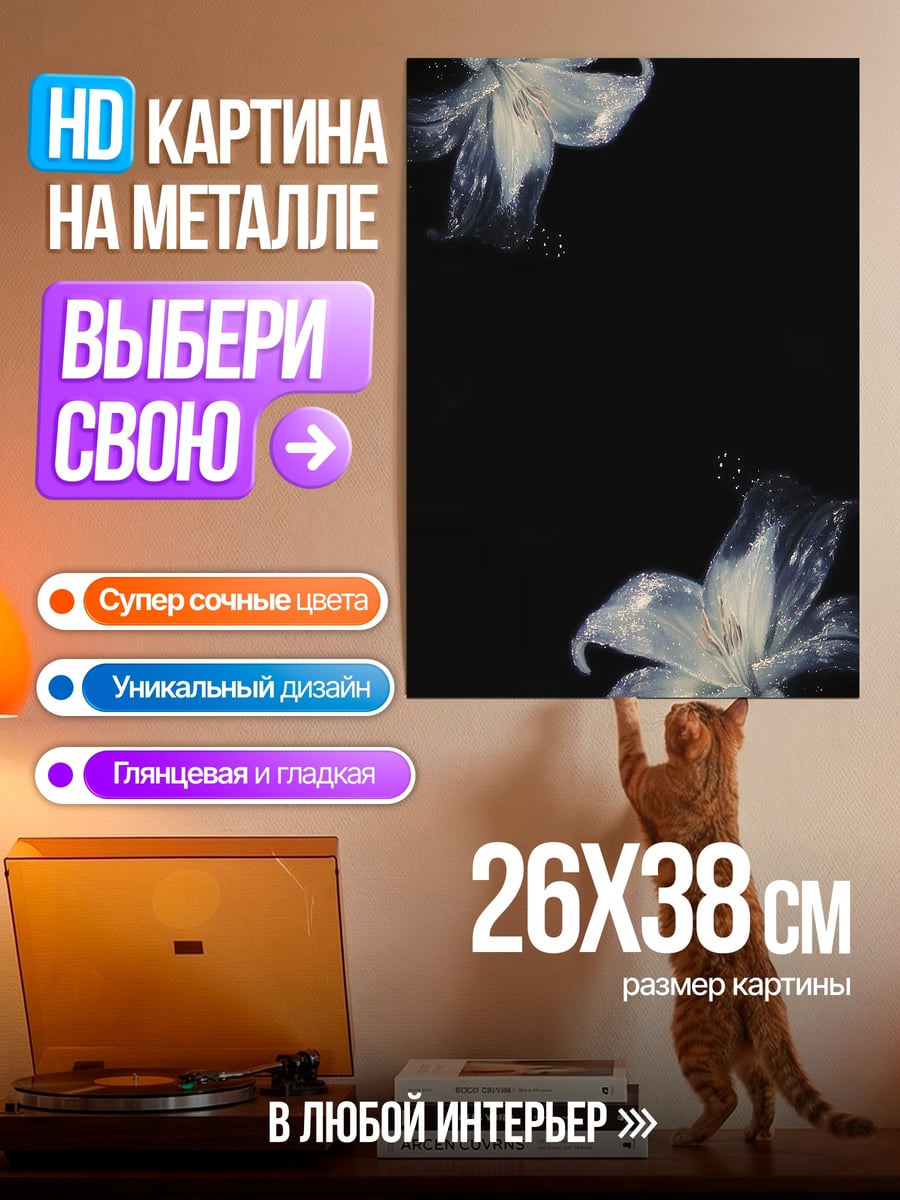 Картина на металле Белые цветы на черном