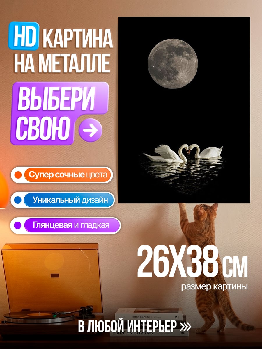 Картина на металле Лебеди в полнолуние