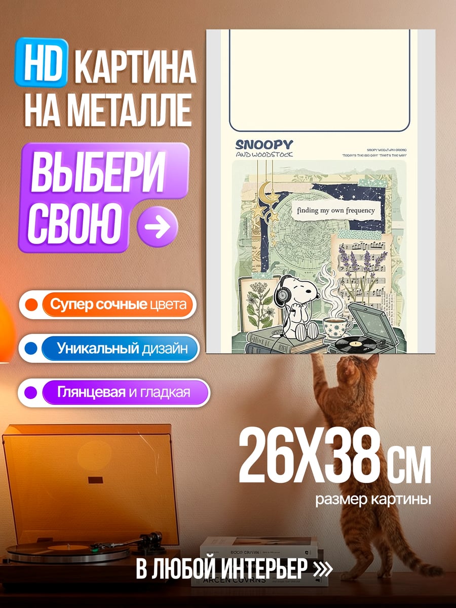 Картина на металле Снупи слушает музыку