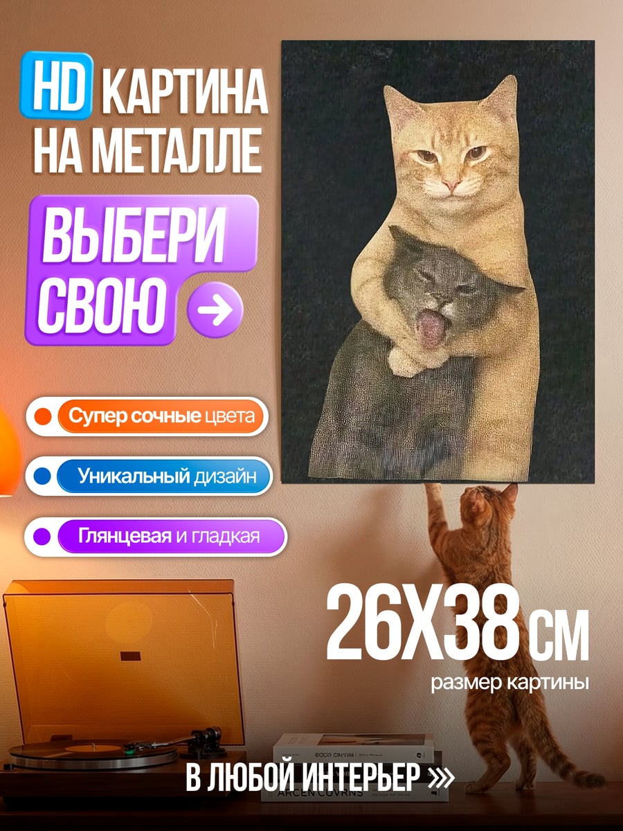Картина на металле Обнимающиеся коты