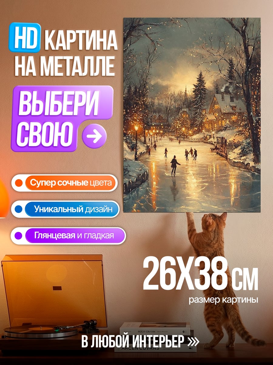 Картина на металле Зимний каток в городе