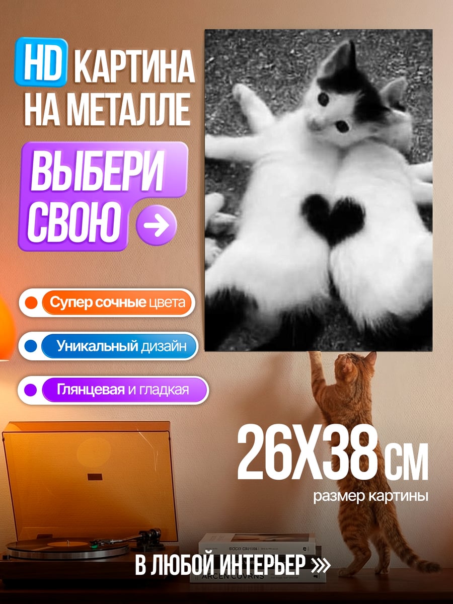 Картина на металле Два кота сердце