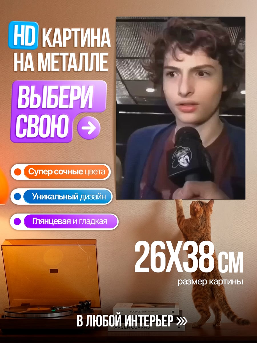 Картина на металле Финн Вулфхард с микрофоном