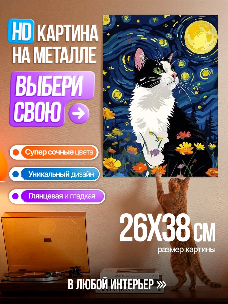 Картина на металле Кот под звездным небом