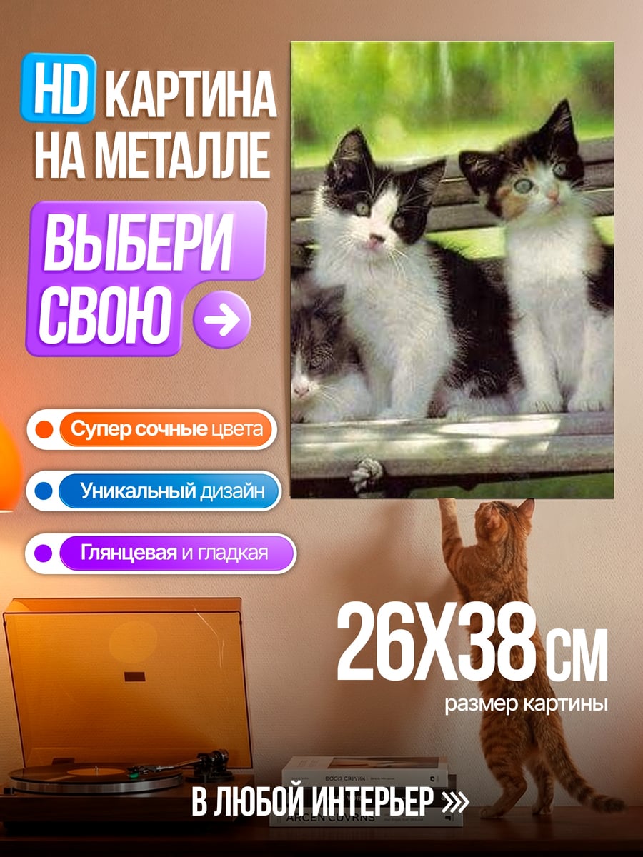 Картина на металле Три котенка на скамейке