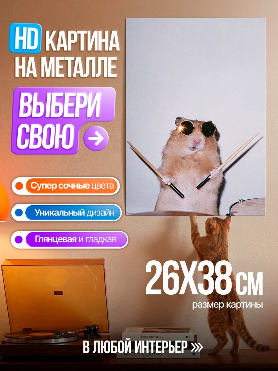 Картина на металле Хомяк барабанщик в очках