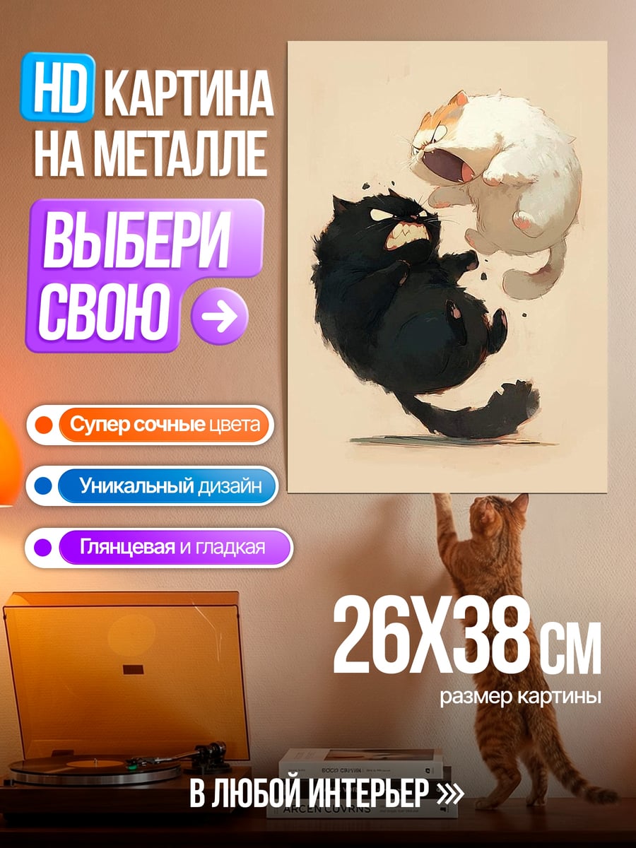 Картина на металле Черный и белый коты