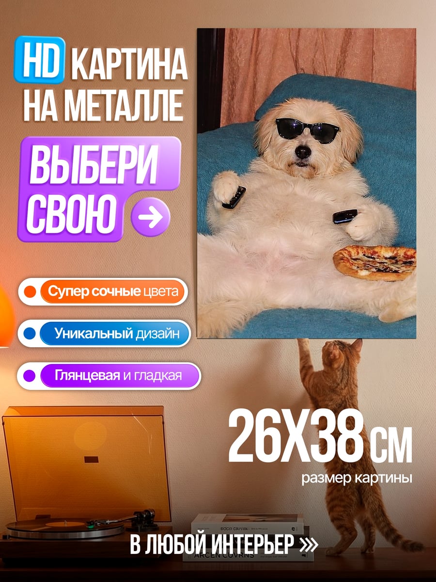 Картина на металле Собака с пиццей