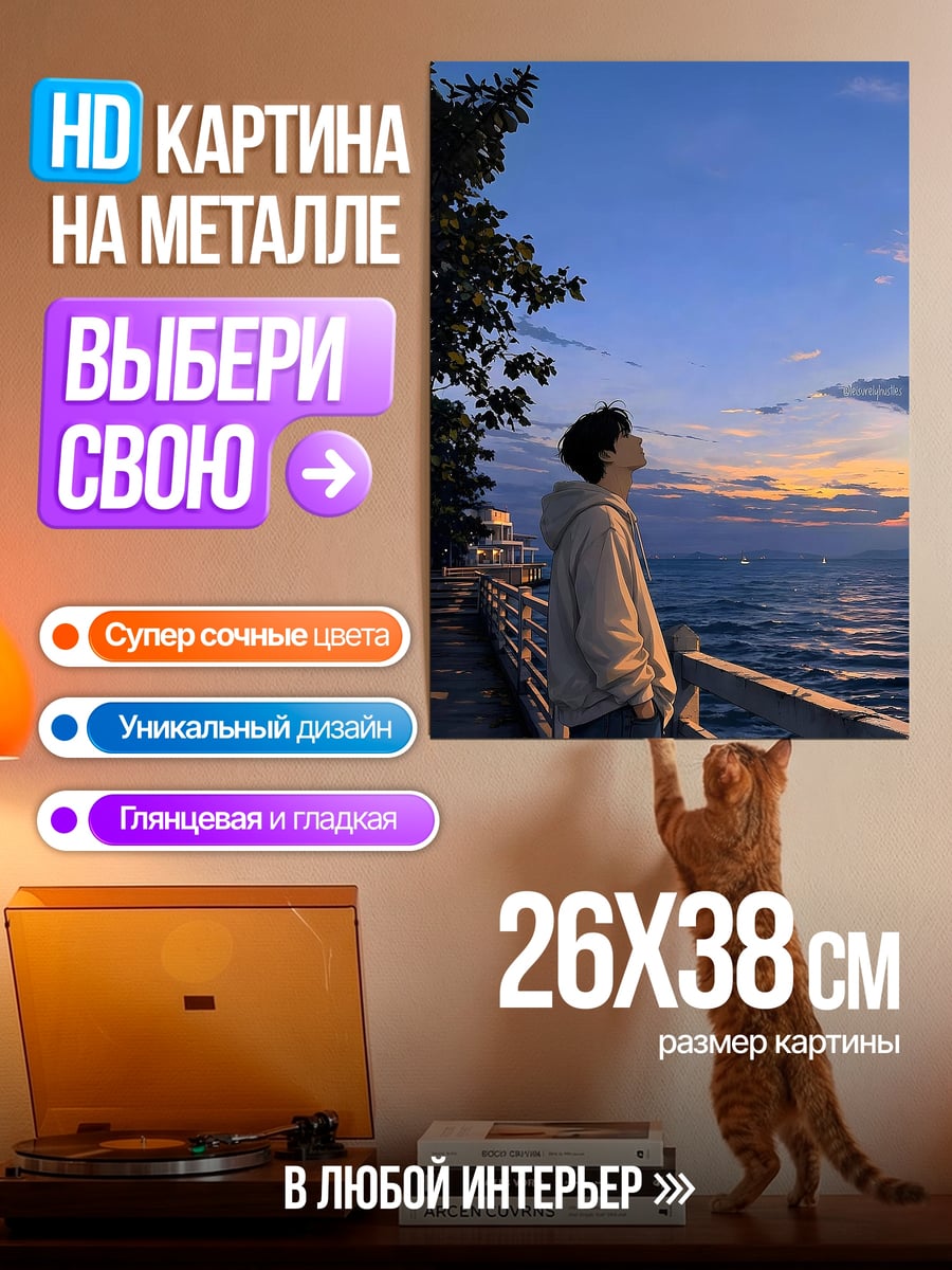 Картина на металле Парень смотрит на закат