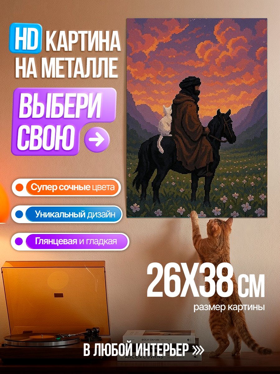 Картина на металле Всадник с котом