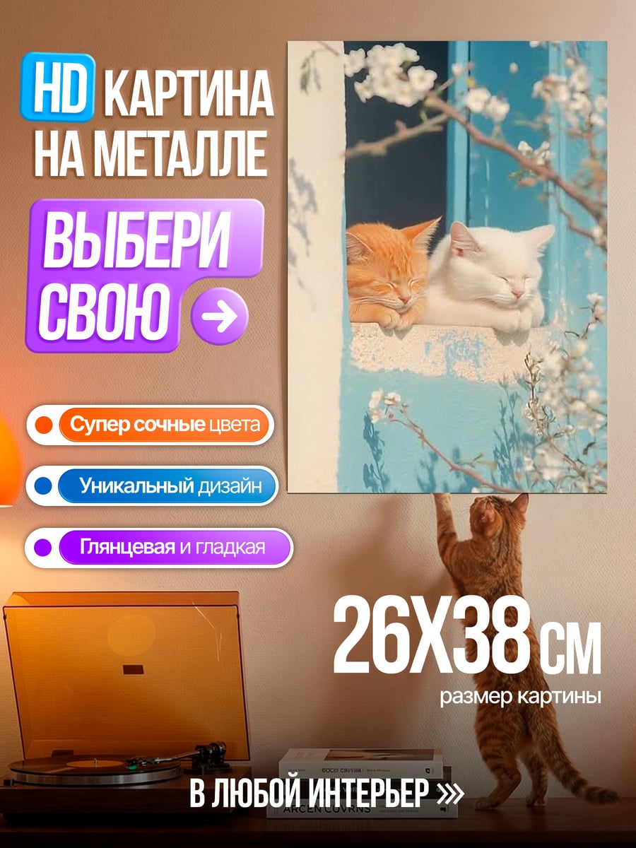 Картина на металле два спящих кота