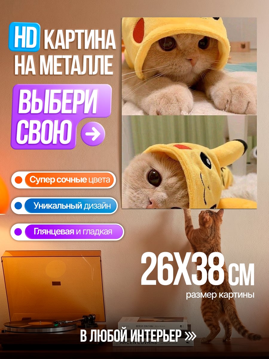 Картина на металле Кот в шапке Пикачу