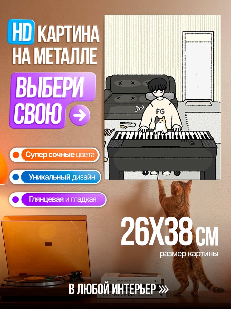 Картина на металле Пианист и кот