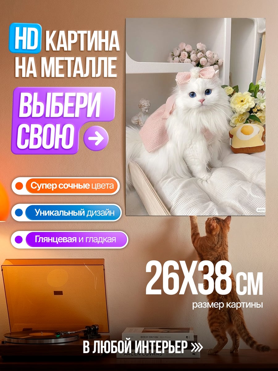 Картина на металле Белая кошка с бантом