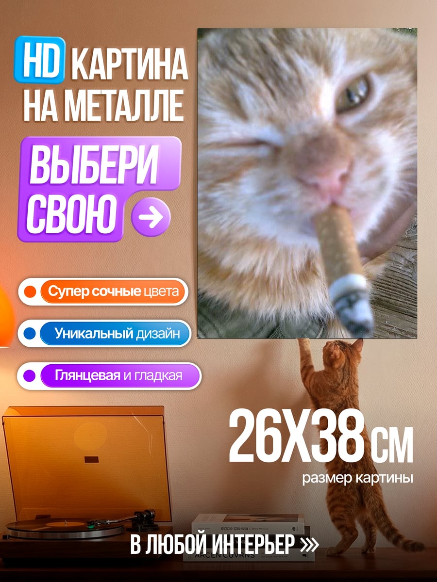 Картина на металле Кот с сигаретой