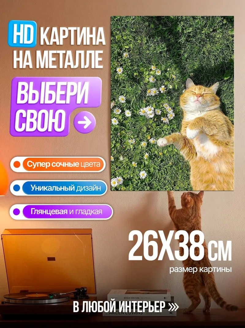 Картина на металле Кот на траве