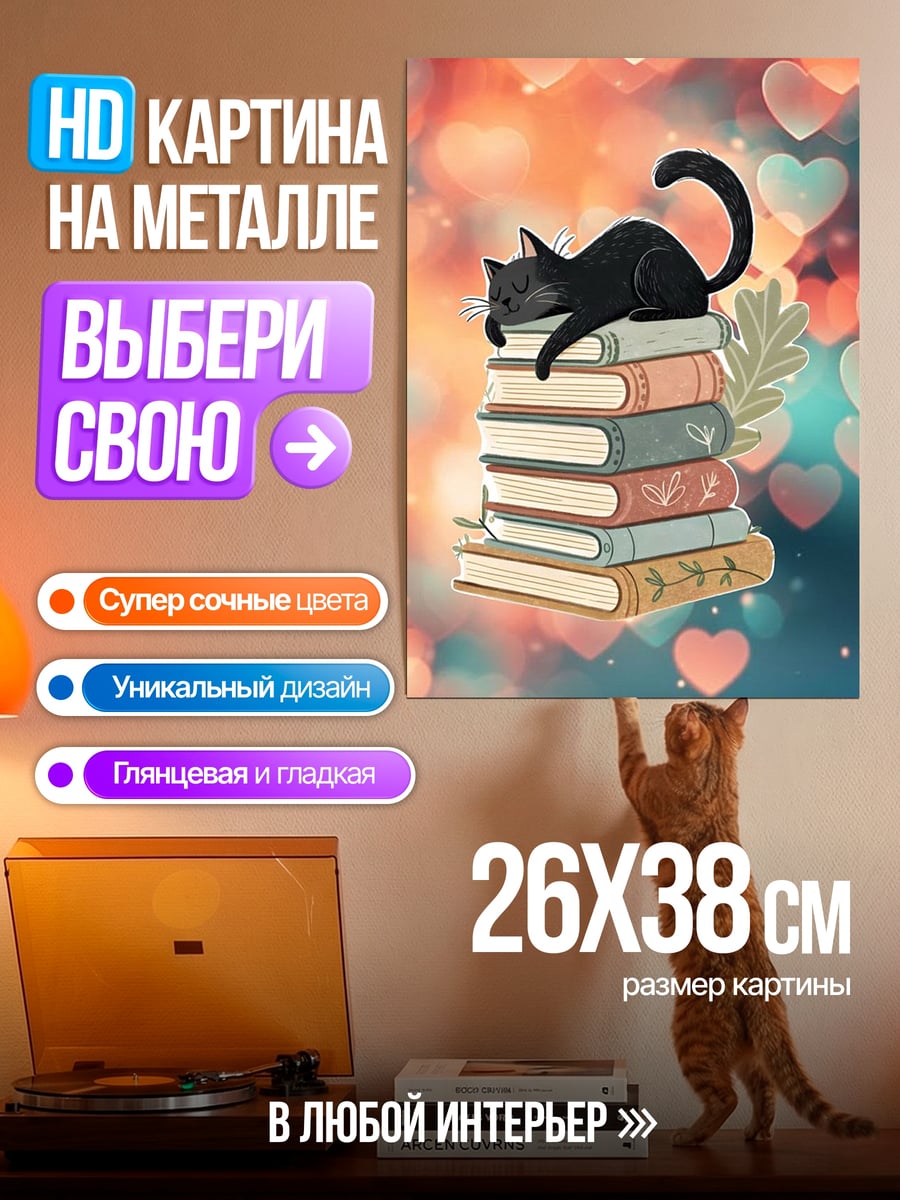 Картина на металле Черный кот книги
