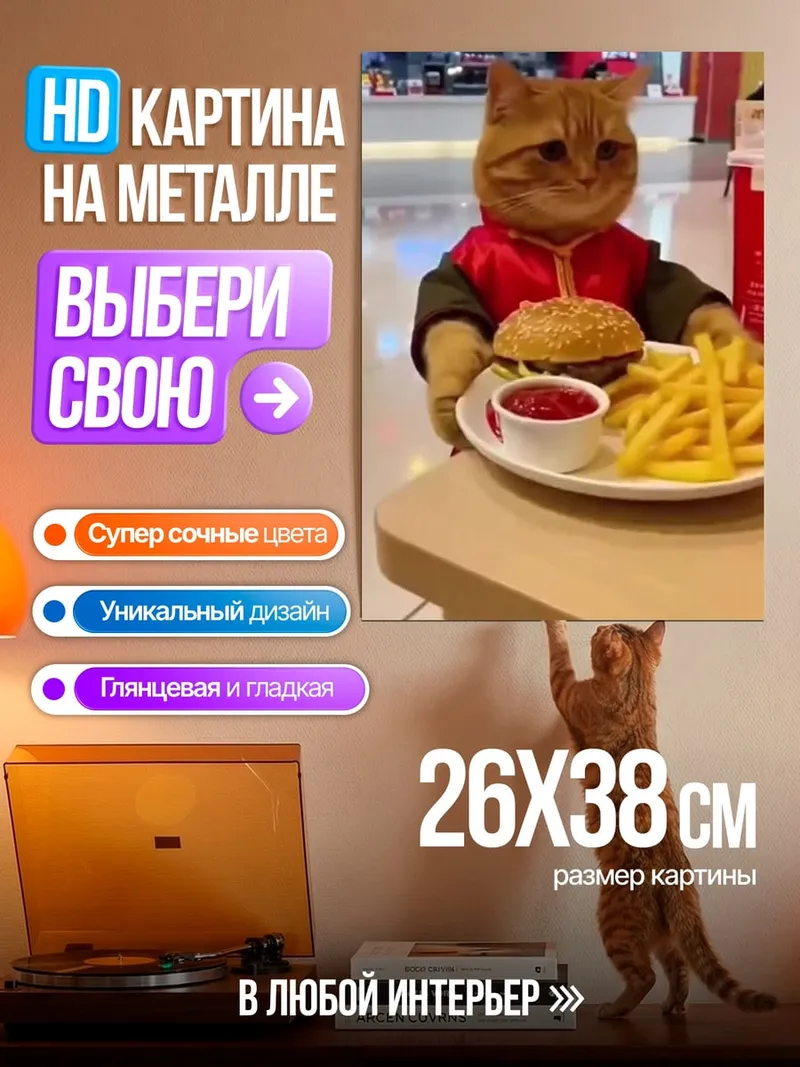 Картина на металле Кот с бургером