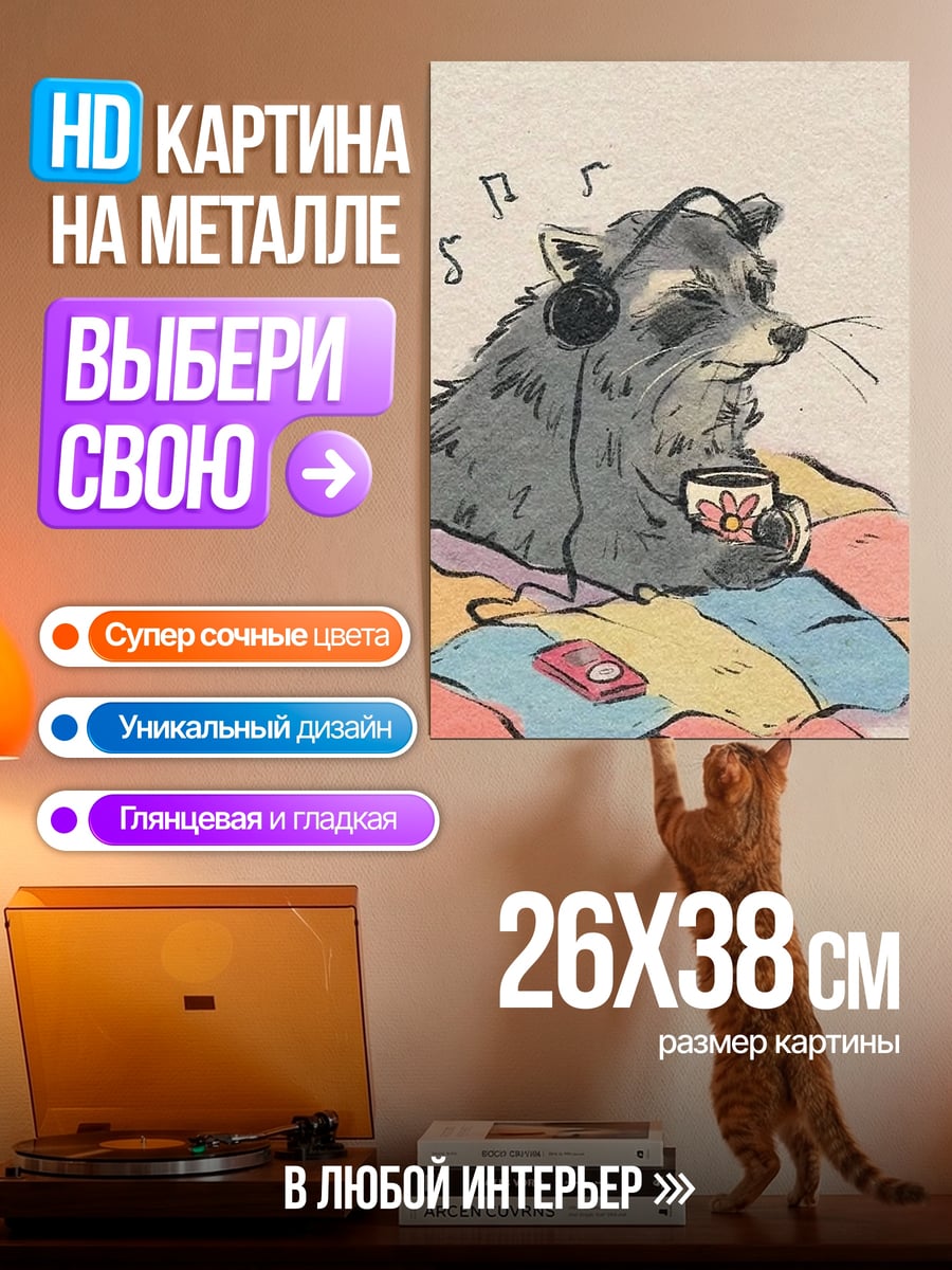 Картина на металле Енот слушает музыку