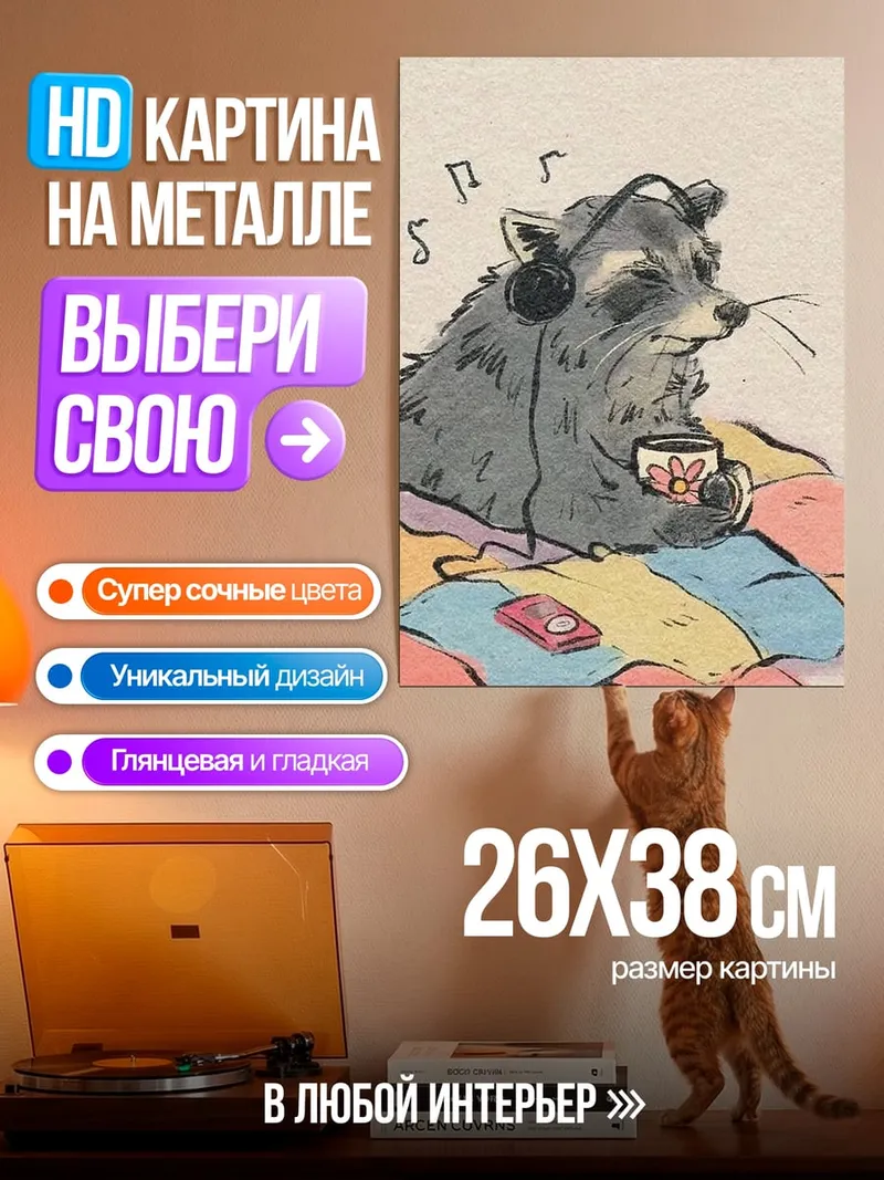 Картина на металле Енот слушает музыку