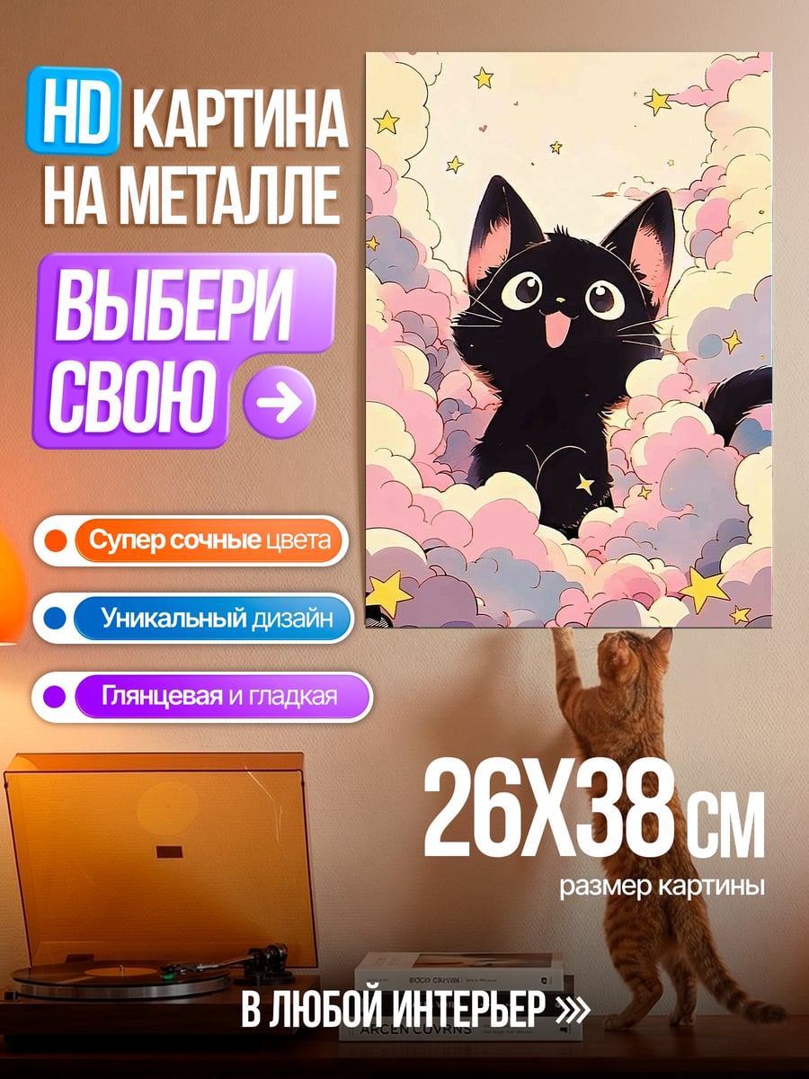 Картина на металле Черный котенок в облаках