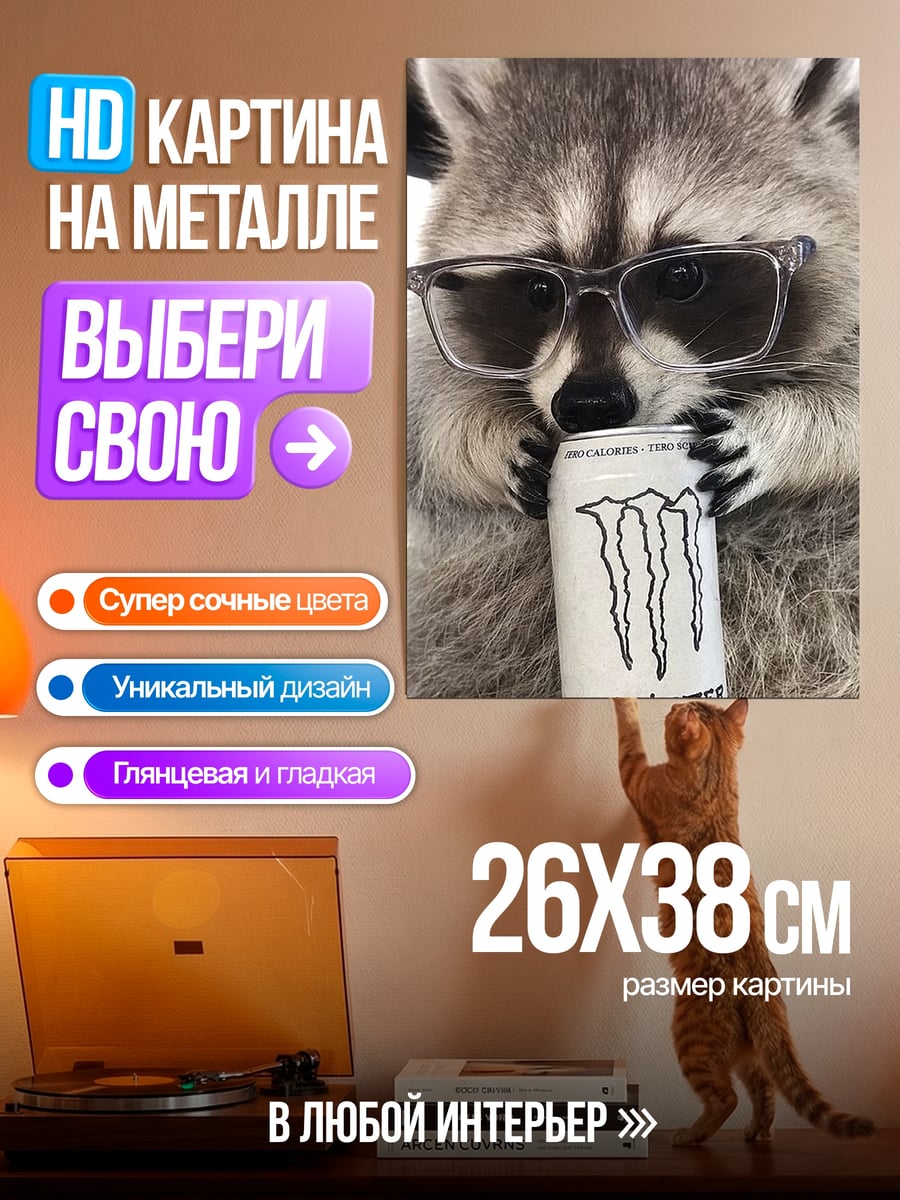 Картина на металле Енот с энергетиком