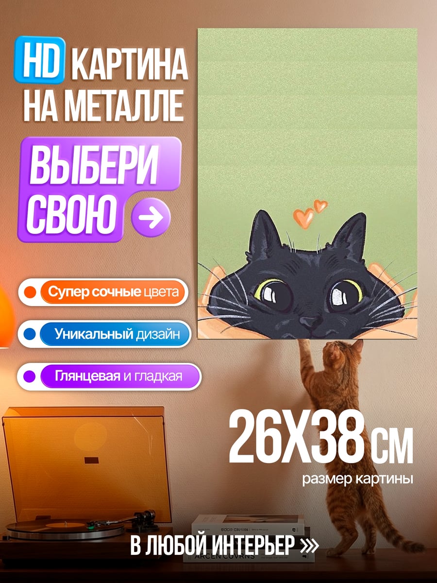 Картина на металле Черный кот в руках