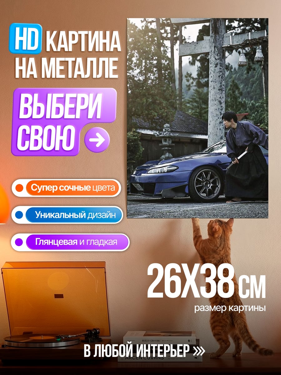 Картина на металле Самурай и спорткар