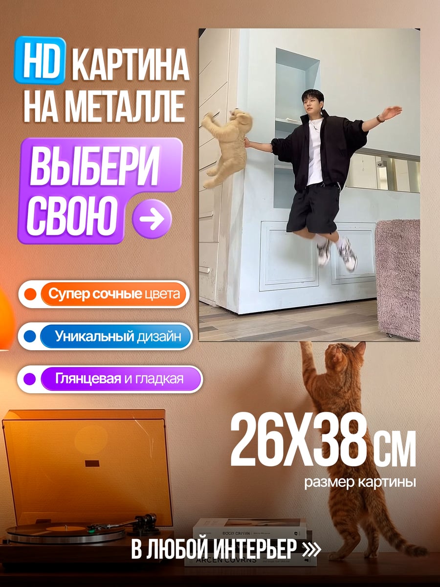 Картина на металле Парень с котом