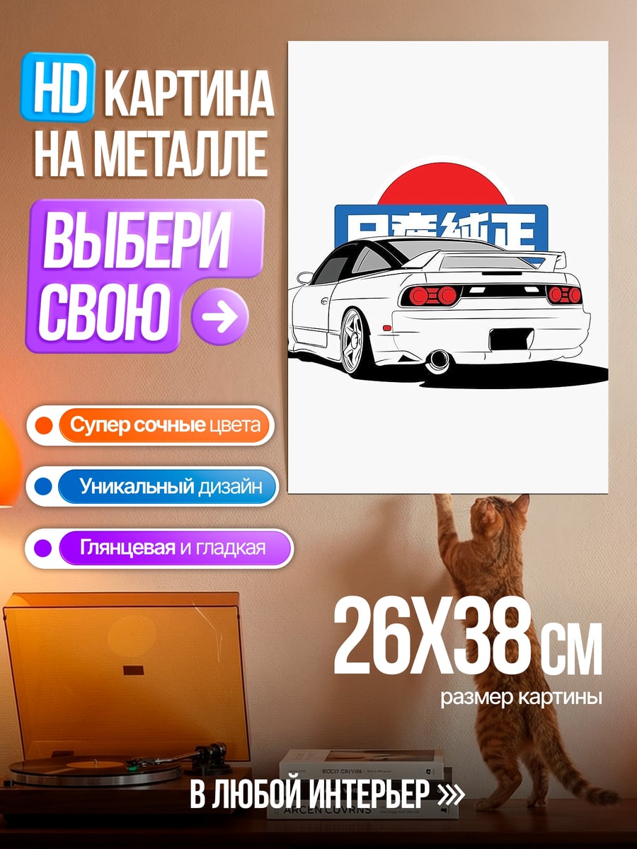 Картина на металле Спортивное купе с японским флагом