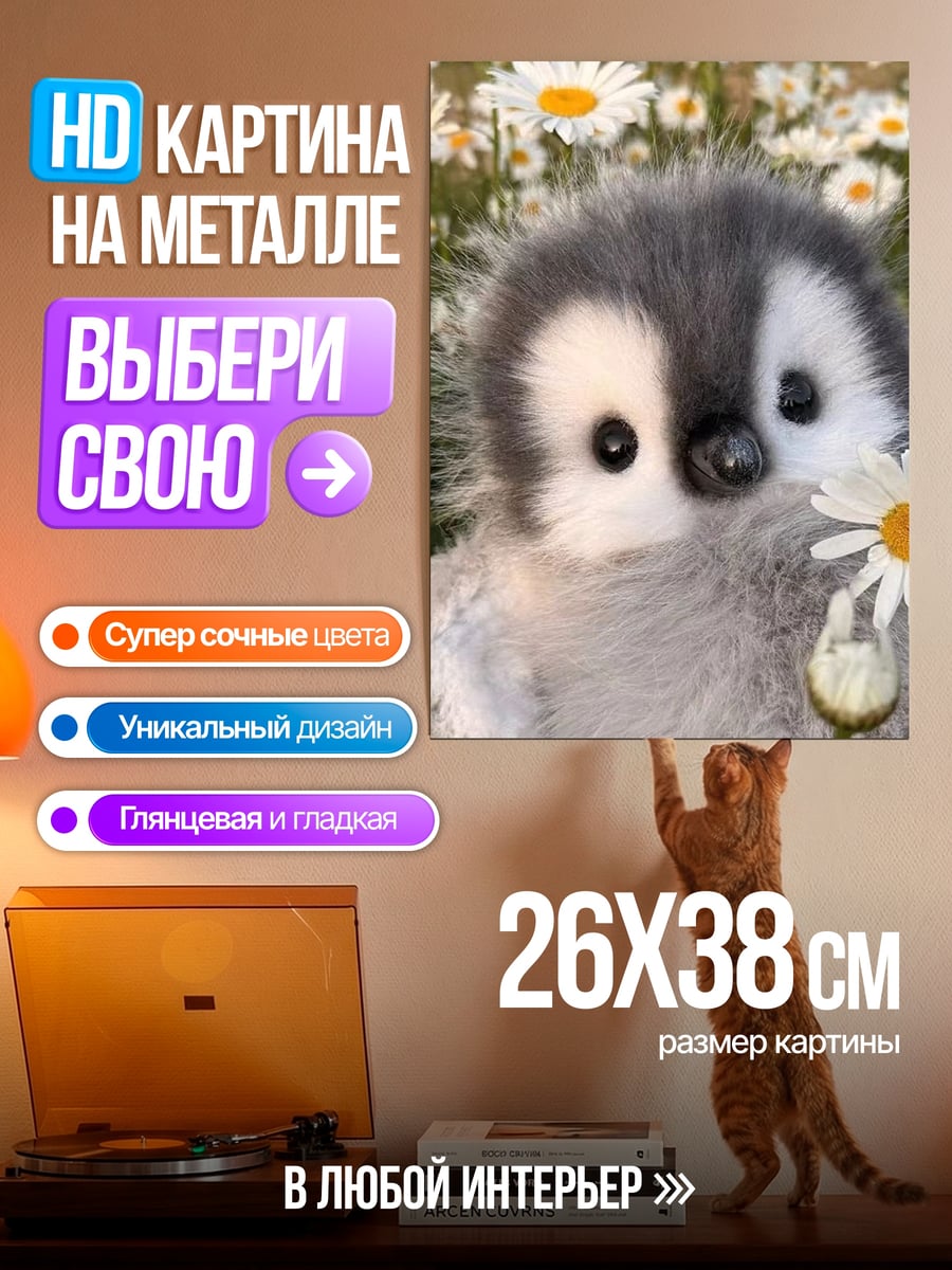 Картина на металле Пингвин с ромашкой