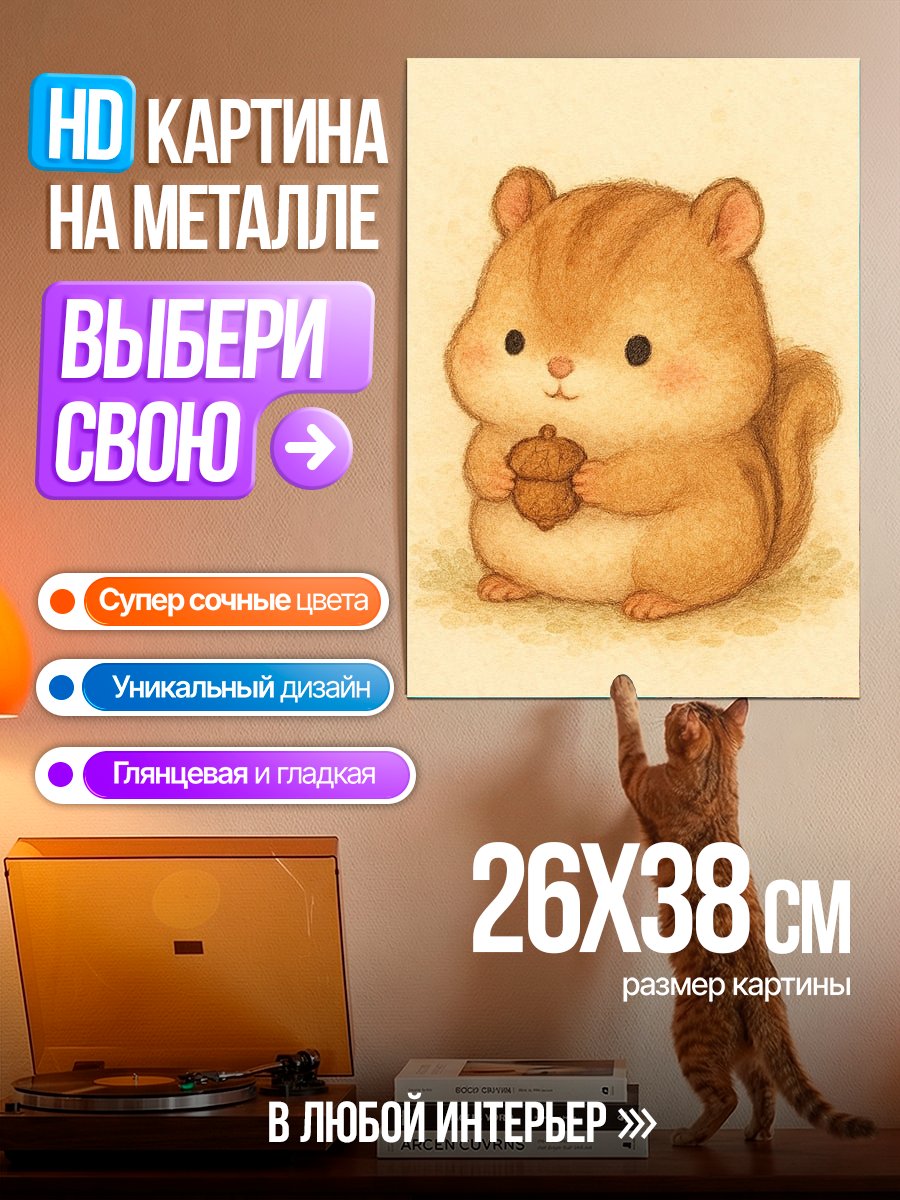 Картина на металле Белка с желудем