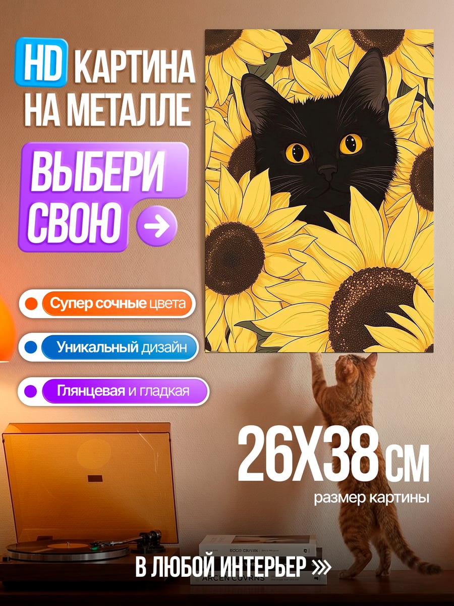Картина на металле Черный кот подсолнухи