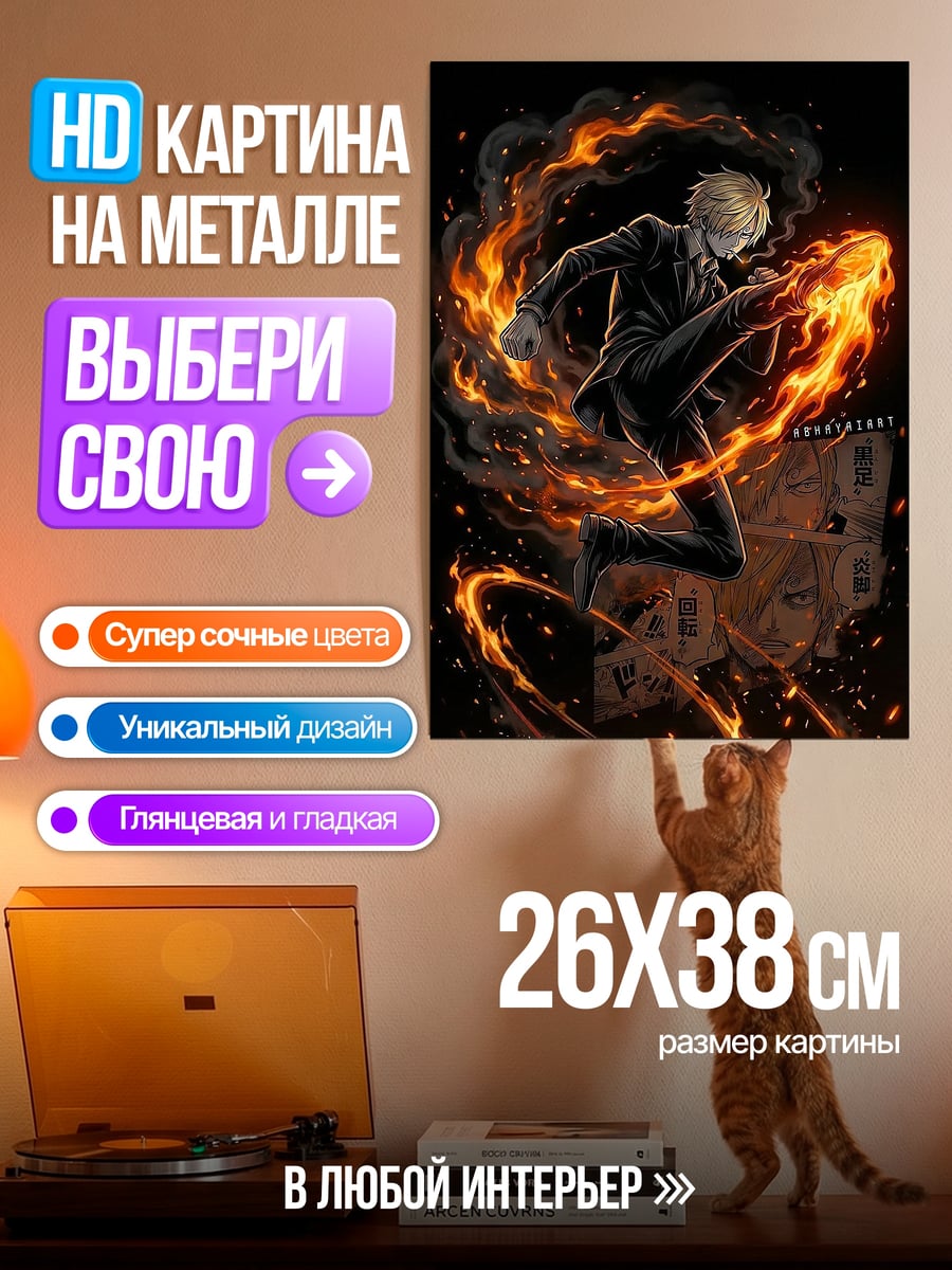 Картина на металле Санджи огненный удар