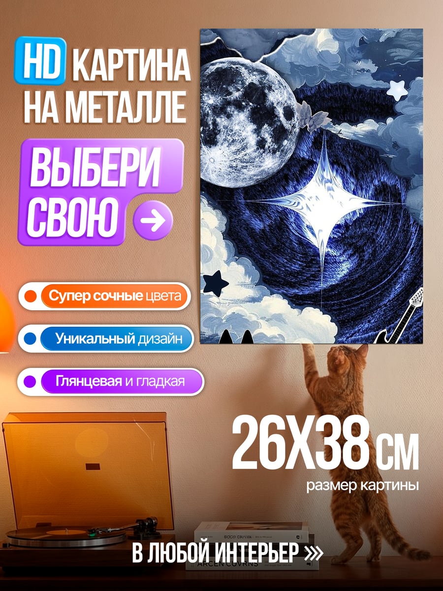 Картина на металле Черный кот и гитара