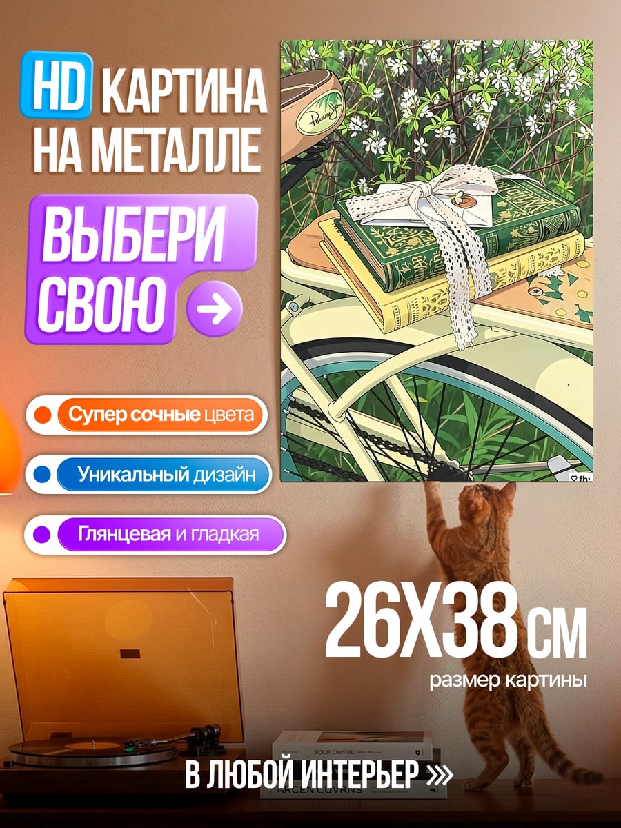 Картина на металле Книги на велосипеде