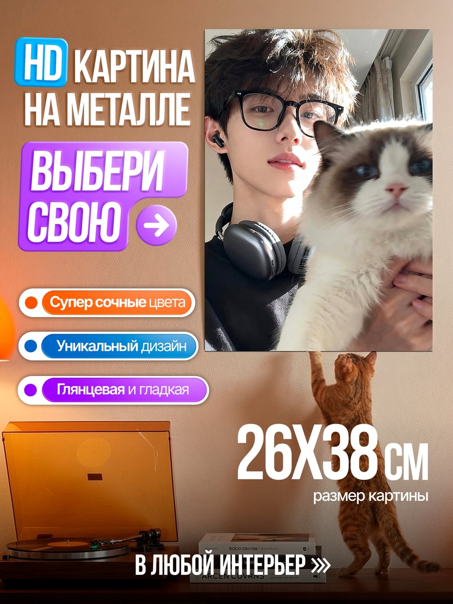 Картина на металле Парень с котом