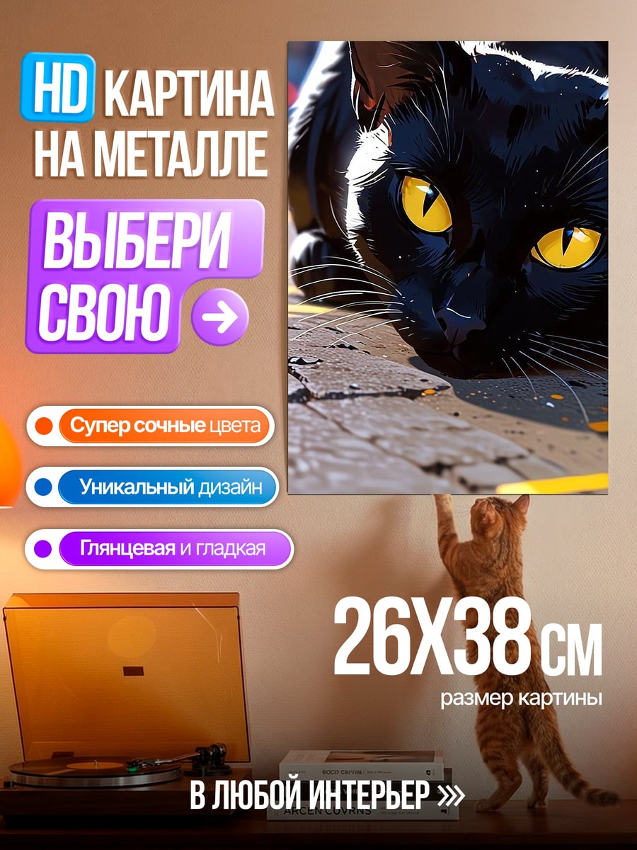 Картина на металле Черный кот с глазами