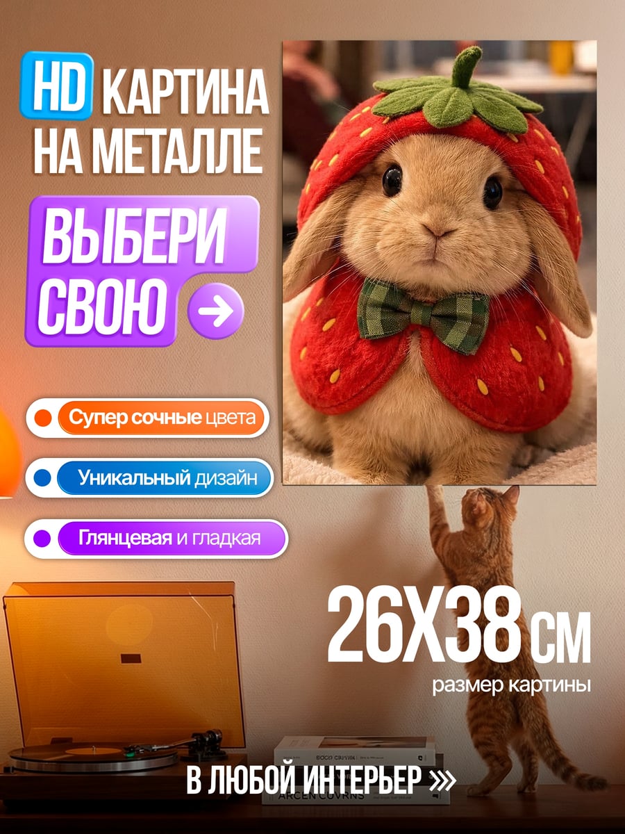 Картина на металле Кролик в клубничном костюме