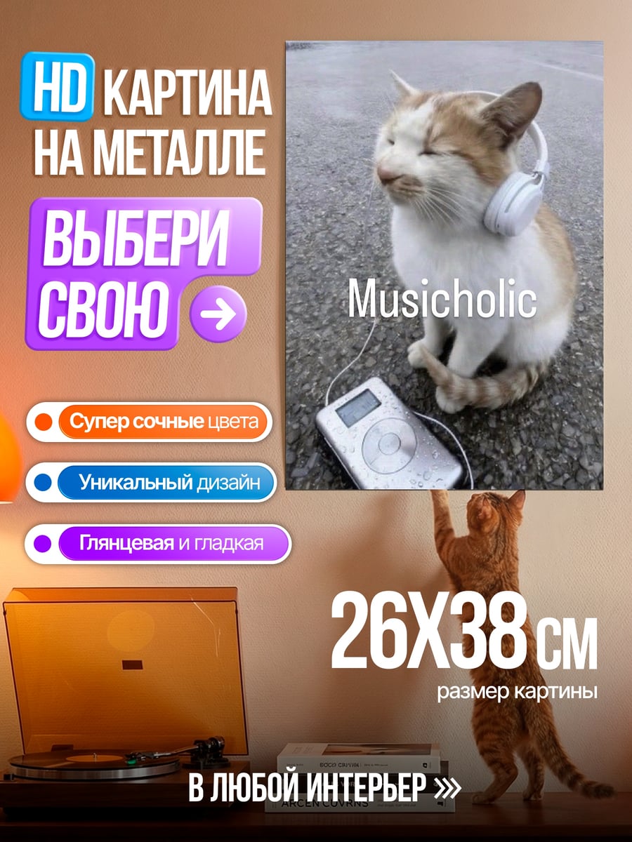 Картина на металле Musicoholic кот