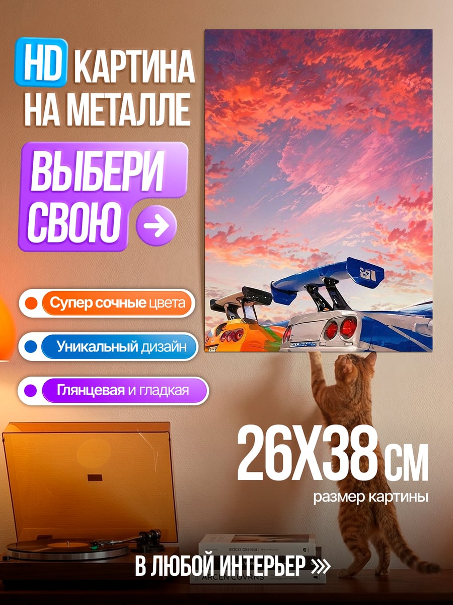 Картина на металле Два спорткара на закате