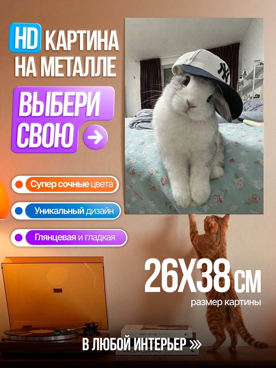 Картина на металле Кролик в кепке