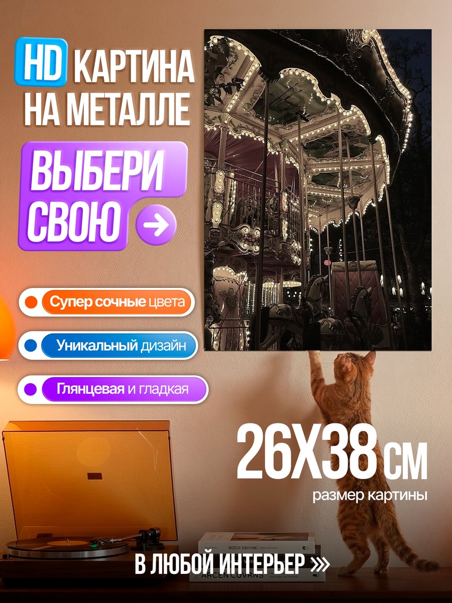 Картина на металле Ночная карусель огни
