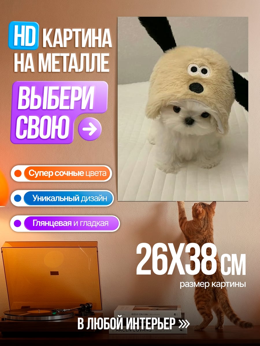 Картина на металле Щенок в шапке