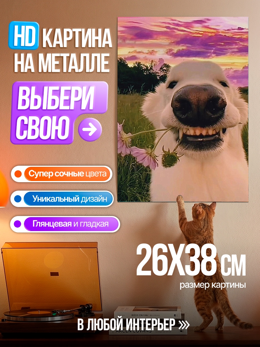 Картина на металле Счастливый пес с цветами