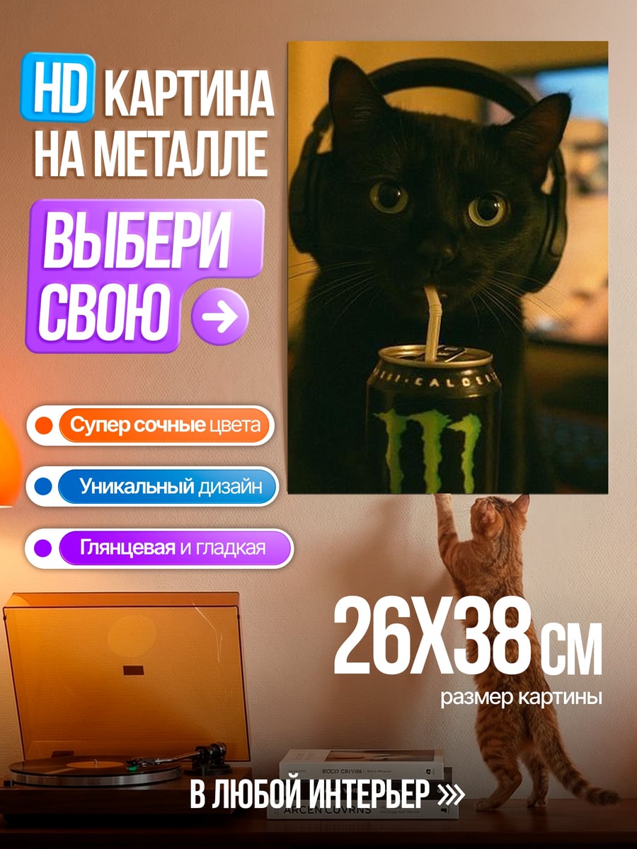 Картина на металле Черный кот с наушниками